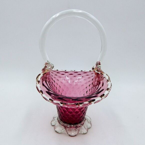 Vintage Murano Italian Venetian Ruby Glass Gold Dust Aventurine Basketweave Vase - Picture 5 of 11